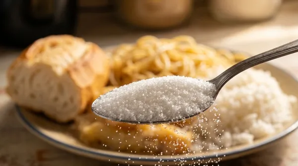 Colher de açúcar na frente do prato de pão, macarrão e arroz